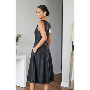 Agnes & Dora Faux Leather V-Neck Fit and Flare Midi Dress Black XXS
